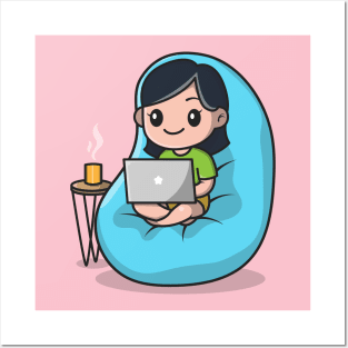 Cute Girl Working On Laptop Cartoon Posters and Art